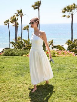 Cider - Asymmetrical Neck Ruched Bubble Hem Maxi Dress