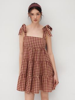 Cider - Cotton-blend Gingham Bowknot Tiered Ruffle Mini Dress
