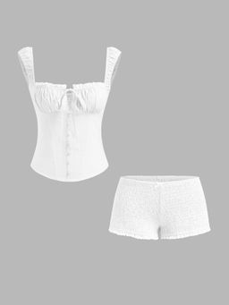 Cider - Cotton Broderie Anglaise Trim Tank Top & Low Rise Shirred Bowknot Shorts (Set of 2)