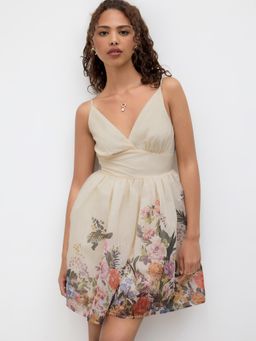 Cider - V-neck Floral Ruffle Shirred Mini Dress