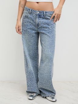 Cider - Denim Low Rise Rhinestone Ripped Wide Leg Jeans