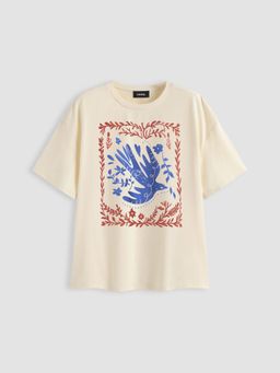 Cider - Cotton-blend Round Neckline Floral Oversized Tee