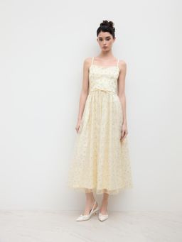 Cider - Mesh Square Neck Floral Sequin Bowknot Midi Dress