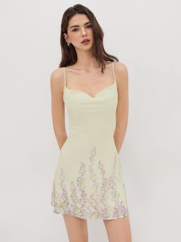 Cider - Cowl Neck Floral Lace Up Mini Dress
