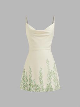 Cider - Cowl Neck Floral Lace Up Mini Dress