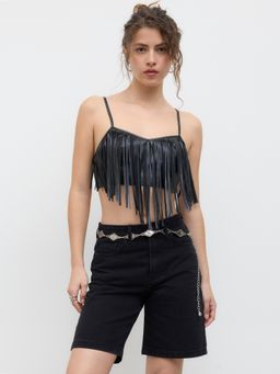 Cider - Faux Leather Fringe Crop Top