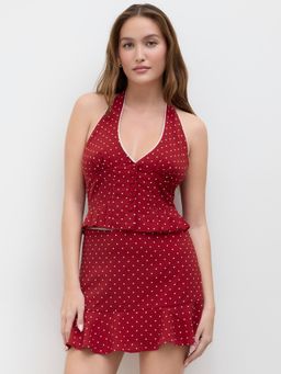 Cider - Halter Neckline Polka Dot Pleated Top