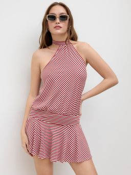 Cider - Halter Neckline Stripe Ruffle Mini Dress With Scarf