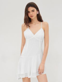 Cider - V-neck Asymmetrical Lace Trim Ruffle Mini Dress