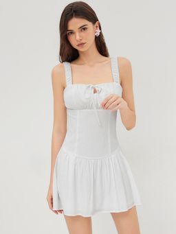 Cider - Square Neck Ruffle Knotted Ruched Straps Mini Dress