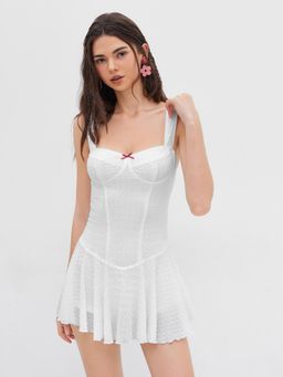 Cider - Sweetheart Texture Bowknot Ruffle Lettuce Trim Mini Dress