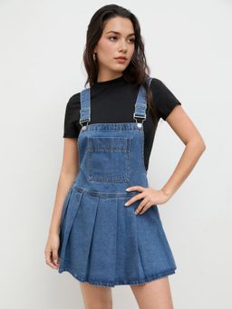 Cider - Denim Pleated Mini Pinafore Dress