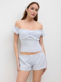 Cider - Cotton-blend Stripe Bowknot Top & Mid Rise Broderie Anglaise Trim Shorts (Set of 2)