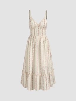 Cider - Cotton V-neck Floral Shirred Maxi Dress