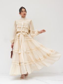 Cider - Chiffon High Neck Guipure Pearl Button Maxi Dress