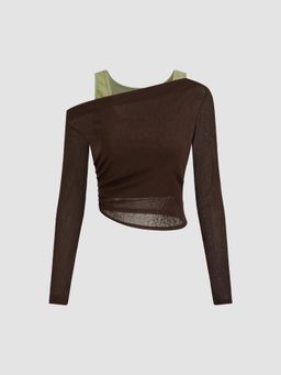 Cider - Asymmetrical Neck Ruched Top & Solid Top