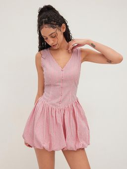 Cider - V-neck Gingham Bubble Hem Mini Dress