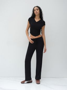 Cider - V-neck Ruched Tee & Mid Rise Elastic Waist Straight Leg Trousers (Set of 2)