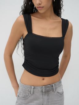 Cider - Square Neck Lace Trim Ruched Crop Top