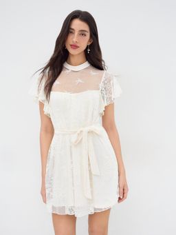Cider - Lace Floral Cut Out Mini Dress With Belt