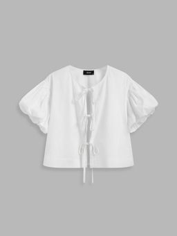 Cider - 100% Cotton Tie Front Bubble Sleeve Shirt Curve & Plus