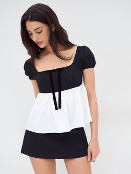 Cider - Cotton Bowknot Two Tone Broderie Anglaise Puff Sleeve Blouse