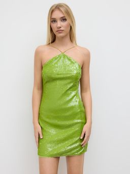 Cider - Sequins Halter Neckline Backless Knotted Mini Dress