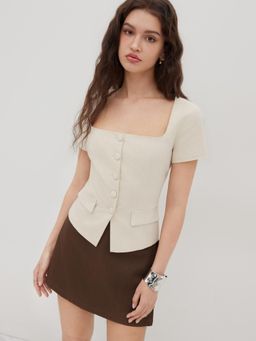 Cider - Linen-blend Button Split Short Sleeve Top