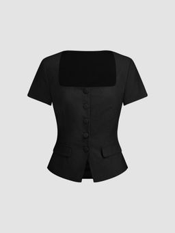 Cider - Linen-blend Button Split Short Sleeve Top