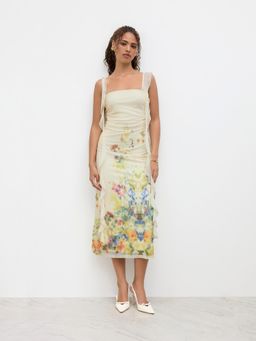 Cider - Floral Ruffle Hem Ruched Midi Dress