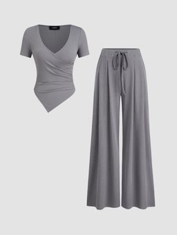 Cider - V-neck Ruched Top & Mid Rise Elastic Waist Knotted Straight Leg Trousers (Set of 2)