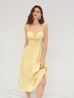 Cider - Square Neck Check Tiered Ruffle Midi Dress