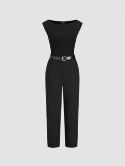Cider - Boat Neck Tapered Jumpsuit With Belt (Set of 2)