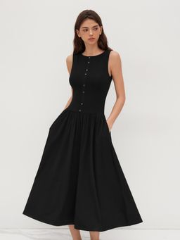 Cider - Boat Neck Button Up Ruffle Midi Dress