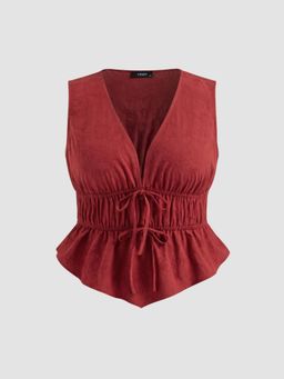 Cider - 100% Cotton V-neck Tie Front Shirred Blouse Curve & Plus