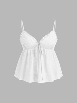 Cider - Cotton V-neck Broderie Anglaise Shirred Lettuce Trim Top