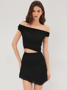 Cider - Asymmetrical Neck Chain Detail Cut Out Lettuce Trim Mini Dress