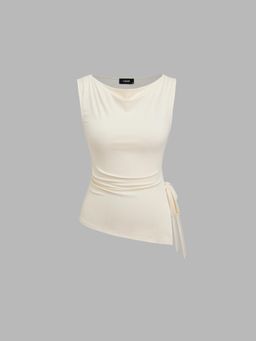 Cider - Cowl Neck Ruched Split Knotted Asymmetrical Top