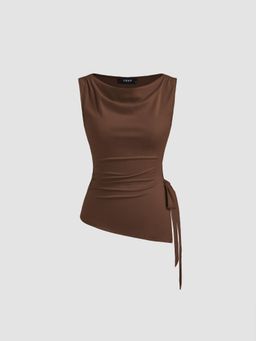 Cider - Cowl Neck Ruched Split Knotted Asymmetrical Top