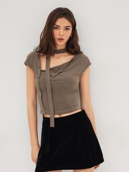 Cider - Asymmetrical Neck Texture Button Up Top With Scarf