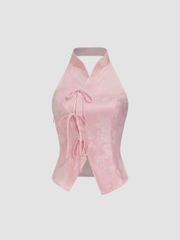 Cider - Jacquard Mandarin Collar Floral Bowknot Tank Top