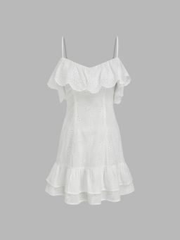 Cider - Broderie Anglaise U-neckline Ruffle Hem Layered Mini Dress