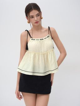 Cider - Square Neck Embroidery Lettuce Trim Top