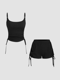 Cider - Drawstring Crop Cami Top & Low Rise Drawstring Micro Shorts (Set of 2)