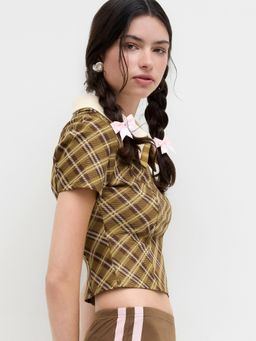 Cider - Collar Plaid Half Zip Short Sleeve Tee