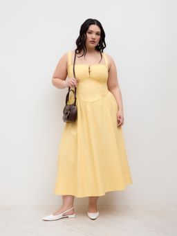 Cider - Cotton-blend Square Neck Lace Up Ruffle Midi Dress Curve & Plus