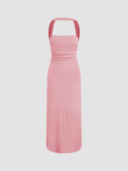 Cider - Halter Neckline Ruched Cut Out Back Maxi Dress