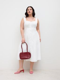 Cider - Linen-blend Sweetheart Button Up Ruffle Midi Dress Curve & Plus