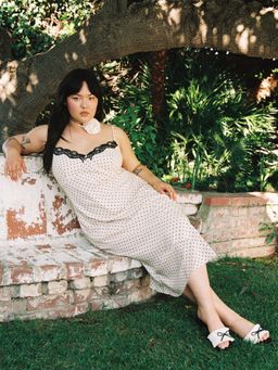 Cider - Chiffon Sweetheart Polka Dot Contrasting Lace Midi Dress Curve & Plus