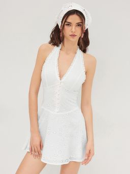 Cider - Cotton V-neck Halter Broderie Anglaise Mini Dress